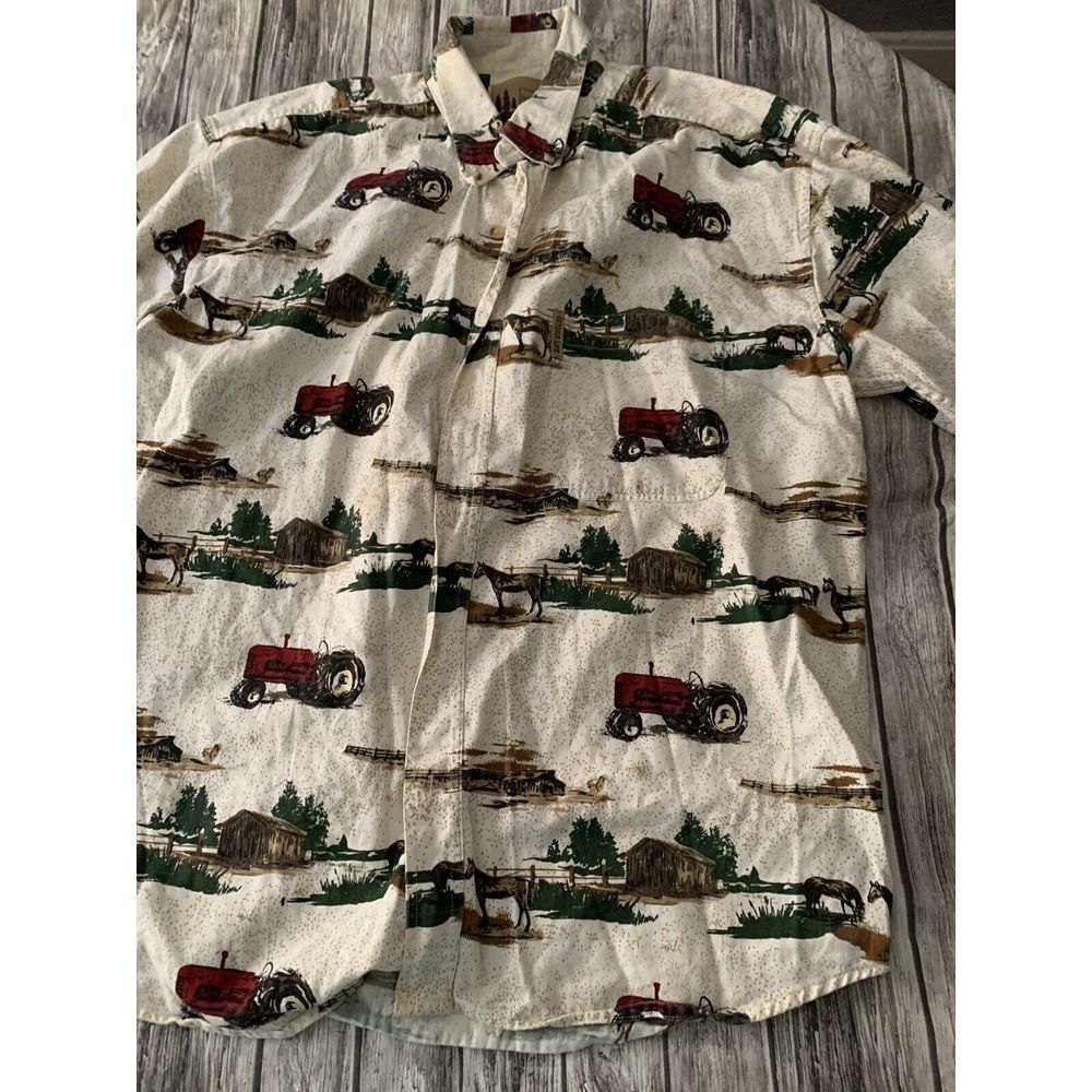 Mens Tan Short Sleeve Shirt Button Up Size Medium Farm Work Print Tractor